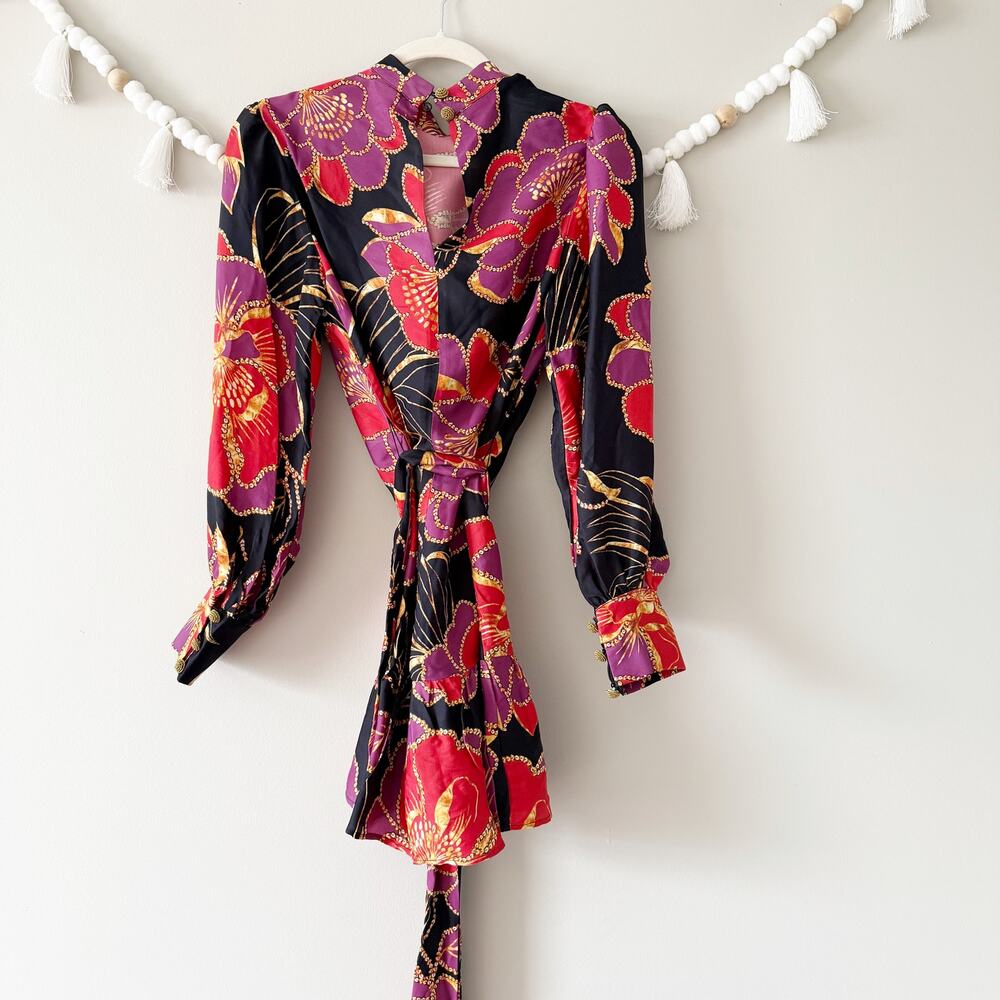 Farm Rio Shiny Chita Floral Print Long Sleeve Minidress Tiered Black Size Small - Picture 9 of 9